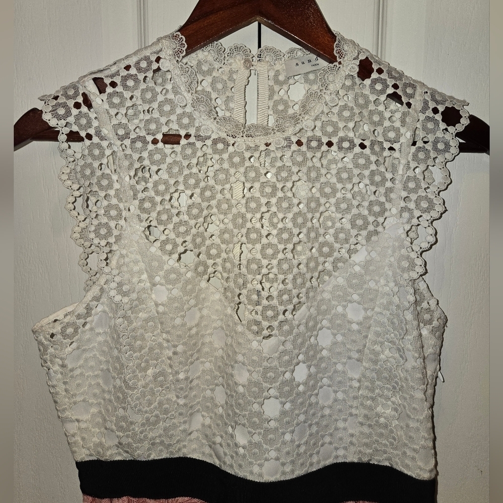 Sandro Gab Embroidered Floral Lace Two-Tone Open-Back Mini Dress – Size 38 #N4 - Picture 6 of 8